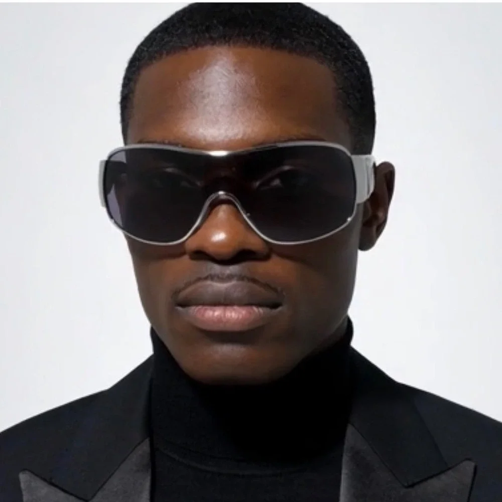 Men Shield Sunglasses Silver Black Wrap Around UV400 Hip Hop Gangster Streetwear